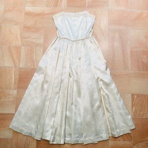 Handmade Vintage Women's Cream Elegant Satin Floral Print Midi Dress